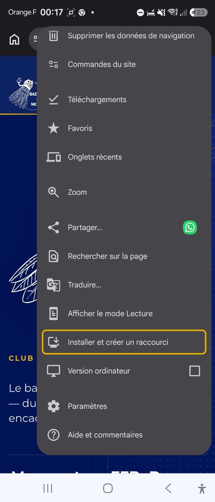 Le menu ⋮ de Chrome ouvert sur le site du club, la ligne « Installer et créer un raccourci » entourée