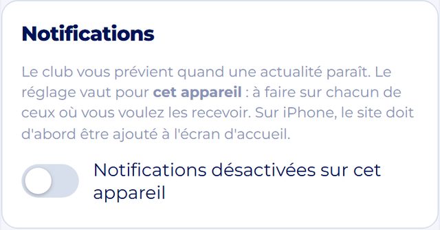 Le bloc Notifications de Mon compte, avec l'interrupteur « Notifications désactivées sur cet appareil »